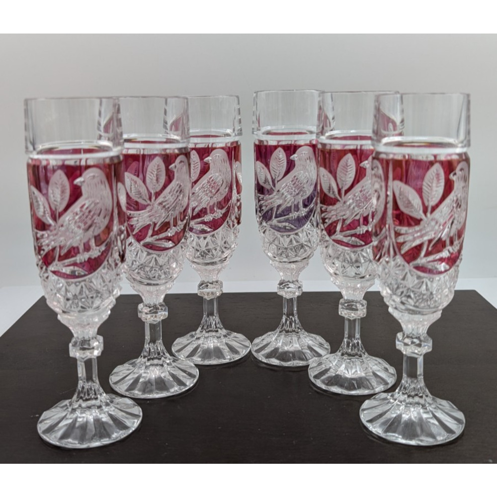 Hofbauer Byrdes Ruby Champagne Flute Set of 6 Bird Glasses Clear Red Accent 7.5"